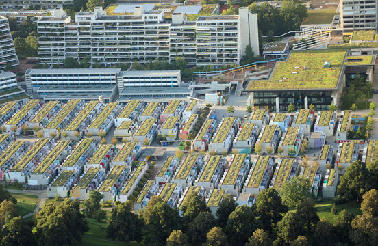 Munich, Munich, Germany - August 25, 2021: Top view of the OLYMPIC VILLAGE with houses and apartments used during the 1972 Olympics