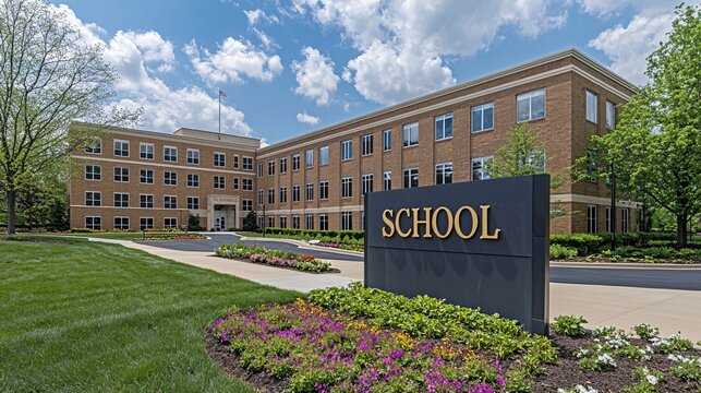 A school building in a suburban neighborhood with a large sign displaying the school's name, set against a peaceful backdrop of green lawns and flower beds. 