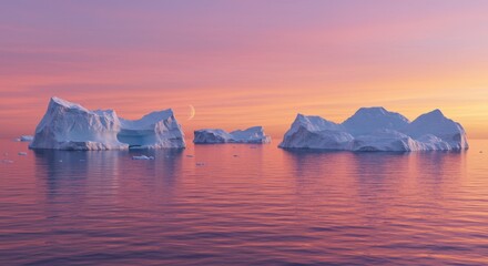 A surreal landscape featuring giant floating icebergs suspended in a pink and orange sky with an ocean reflecting their glow