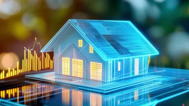 Glowing hologram house scene, real estate concept, smooth repeating motion for background video animation