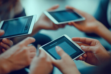 
Professionals engaged in an online business meeting, sharing screens via tablets and laptops.
