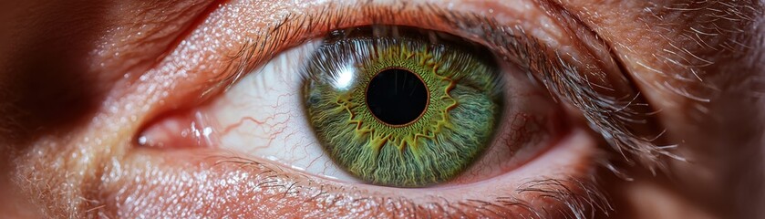 iris patterns eye striking close-up green  concept. Close-up of a green human eye with detailed iris and pupil.