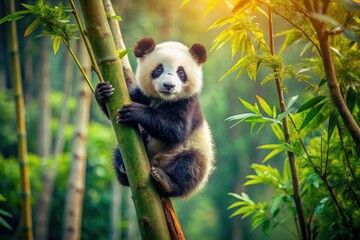 Fototapeta premium Vintage photo: A playful panda cub climbs, showcasing the need for endangered species and bamboo forest conservation.
