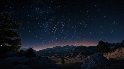 Naklejka premium A cinematic still of a starry sky with meteors streaking across it, creating an atmosphere. The dark night sky is filled with bright stars and glowing comets.
