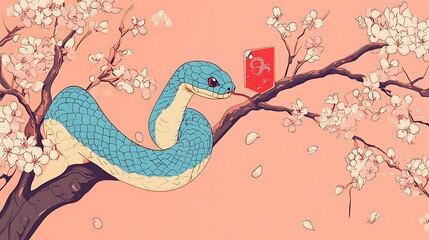 Obraz premium Colorful cartoon line drawing of a small snake with a lucky red envelope and cherry blossoms for Lunar New Year