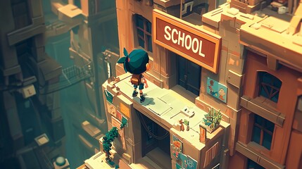 A school building with a welcoming school sign at the entrance, surrounded by a student-designed garden and art installations, promoting creativity and education. 