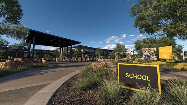 A school building with a welcoming school sign at the entrance, surrounded by a student-designed garden and art installations, promoting creativity and education. 