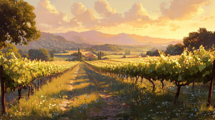 Naklejka premium Sunlit Vineyard Landscape at Sunset