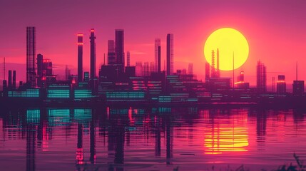 Fototapeta premium Retro futuristic background showcasing a digital grid and glowing horizon, designed in a timeless comic book illustration style