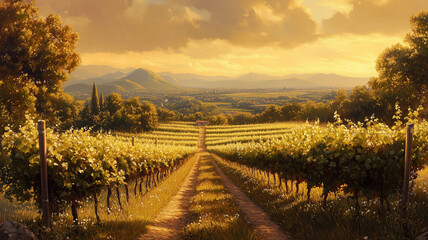 Fototapeta premium Picturesque Vineyard Landscape at Sunset in Tuscany