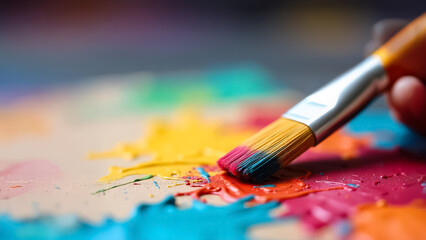 Colorful Paint Brush Applying Bright Paint on Canvas Surface