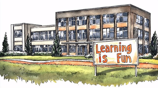 A watercolor illustration of a cozy school building with a hand-painted "Learning is Fun" sign. Copy space. 