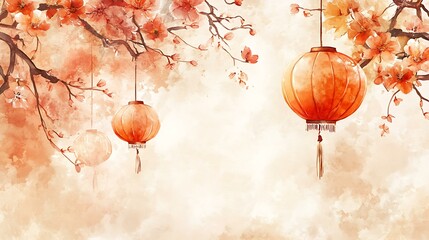 Obraz premium Chinese New Year invitation design with abstract watercolor brush strokes, floral motifs, and lanterns