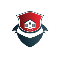 Modern Shield Logo Design with House and Arrow Symbol for Real Estate Protection and Security