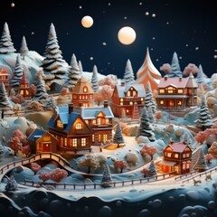 Charming Miniature Christmas Village Under a Starry Winter Sky By Generated AI