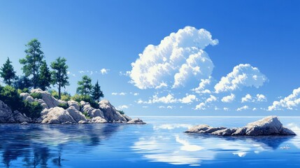 Obraz premium A blue sky with a few white clouds, a calm sea, and rocks in the foreground, with a small island on one side of it. 
