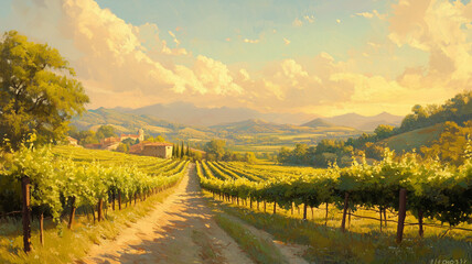 Naklejka premium Serene Vineyard Landscape at Sunset with Rolling Hills