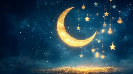 Naklejka premium Golden Crescent Moon: Celestial Night Scene with Sparkling Stars and Lights