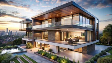 Fototapeta premium Modern Luxury Home with City View, premium materials, panorama, premium materials