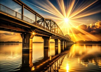 Naklejka premium Vintage sun rays illuminate a bridge silhouette at sunset, a golden hour masterpiece.