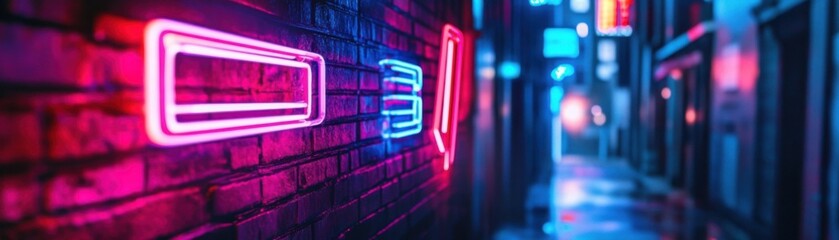 Obraz premium Neon lights form colorful, futuristic shapes in a dark alley.