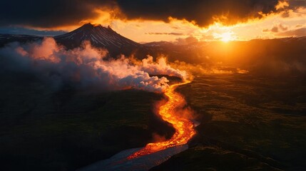Fototapeta premium Fiery Lava Flow at Sunset Near Majestic Volcano in Dramatic Sky
