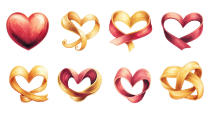 A set of golden heart-shaped buttons as a symbol of love and romance, perfect for Valentine's Day or a wedding, designed in red and gold tones, representing passion and celebration