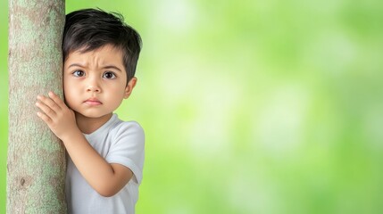 Playful little boy hiding behind large tree in lush green park curious