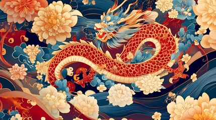 Intricately designed Chinese New Year banner with a dragon and rabbit surrounded by blooming flowers and festive details