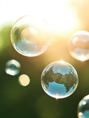 Overlapping translucent soap bubbles refracting sunlight create a mesmerizing display of color and light in a vibrant outdoor setting