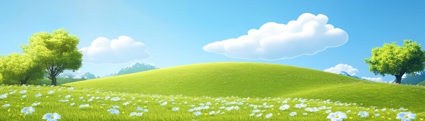 Fototapeta premium Vibrant wildflowers and trees on lush green hill under clear blue sky