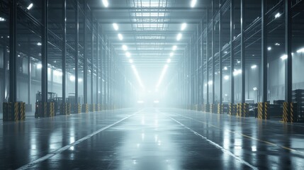 Obraz premium Bright, spacious warehouse interior with reflective floors and illuminated machinery in the background