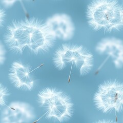 Floating dandelion seeds drift gracefully through a serene blue background, creating a whimsical atmosphere reminiscent of a dreamlike landscape at twilight
