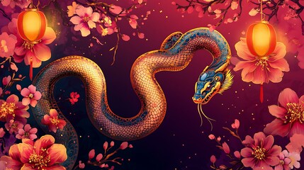 Fototapeta premium Enchanting Lunar New Year background featuring a flowing snake zodiac design with floral and lantern motifs in vibrant tones