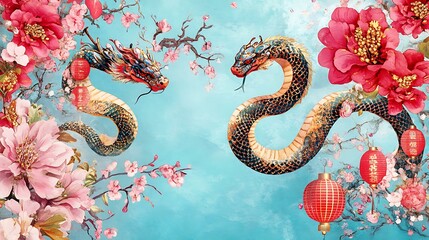 Enchanting Lunar New Year background featuring a flowing snake zodiac design with floral and lantern motifs in vibrant tones