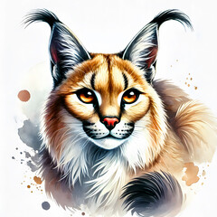 Obraz premium A minimalist watercolor painting of a Caracal's face, focusing on its intense gaze and tufted ears.