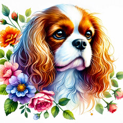 Naklejka premium A romantic watercolor painting of a Cavalier King Charles Spaniel sitting on a bed of roses, with a butterfly perched on its nose.