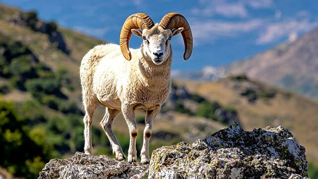 A majestic ram with large horns stands on rocky terrain against a scenic landscape.