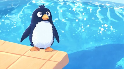 Naklejka premium A penguin is standing on a wooden dock by a pool