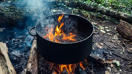 A black pot with a fire in it