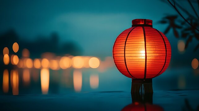 A single glowing red lantern casting warm light on a tranquil night of Chinese New Year