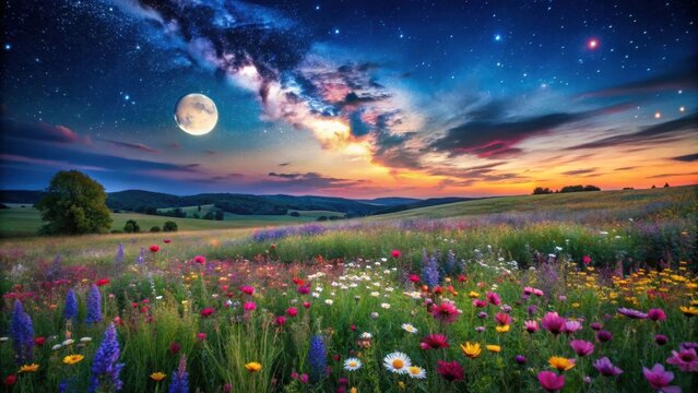 A romantic and idyllic evening setting of a rolling countryside under a stunning starry sky, with fields of colorful wildflowers illuminated by soft moonbeams, wildflowers, romantic scene