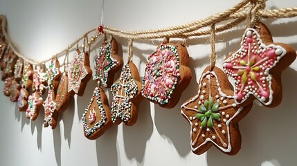 Christmas garland of intricately decorated gingerbread cookies strung on rope for seasonal charm