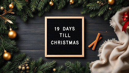 Christmas countdown flatlay with a message board displaying '19 Days Till Christmas', conveying festive excitement and anticipation, perfect for social media, cards and holiday marketing