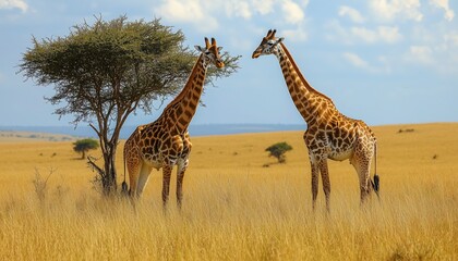 Obraz premium Pair of giraffes grazing on acacia trees in the golden African savanna