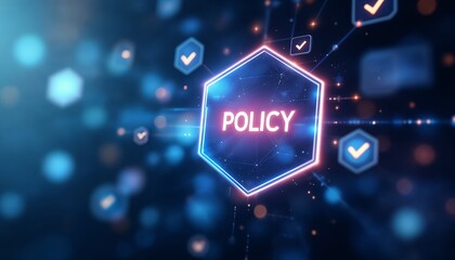 Futuristic Digital Display Showing the Word "POLICY","A vibrant, digital display showcasing the word "POLICY" in glowing neon pink and blue tones