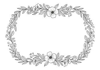 Minimalist floral frame with line-art leaves and flowers on a plain white background