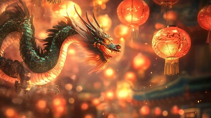 Chinese dragon soaring through a decorative background filled with lanterns and auspicious symbols for New Year festivities