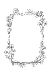 Minimalist floral frame with line-art leaves and flowers on a plain white background