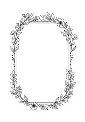 Minimalist floral frame with line-art leaves and flowers on a plain white background